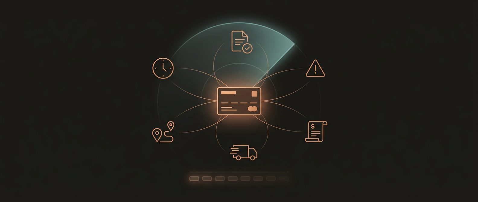 A glowing order card at the center radiates to SLA clock, proof-of-delivery document, exception triangle, invoice, truck, and route glyphs while a radar sweep passes over — one operational truth per shipment