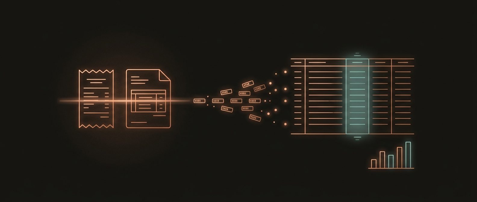 A receipt and a bank statement pass through a scanning beam; extracted field chips fly into an orderly ledger with a highlighted cost-center column, ending at a rising profit-and-loss chart