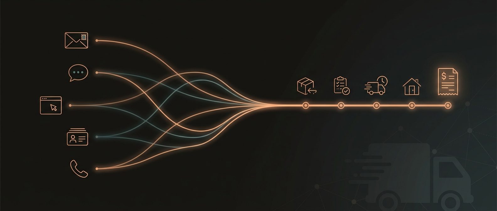 Five intake channels — email, chat, website, customer portal, phone — converge into a single glowing order thread that runs through pickup, checklist, transit, and delivery milestones, ending at an invoice